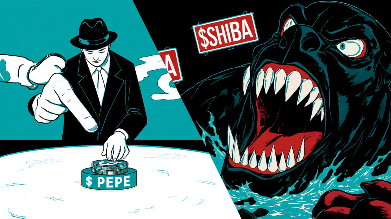 Split scene: trader depositing USDC vs. liquidation monster over collapsing token pool