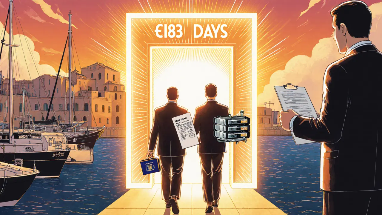 Three figures walk toward a portal marked &#039;183 DAYS&#039; leading to tax-free status, with mining gear and rent receipts in hand.