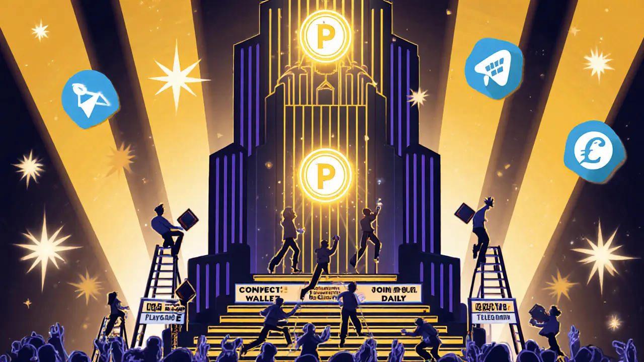Towering Art Deco leaderboard with silhouetted players ascending steps, holding glowing PEARL tokens under golden spotlights.