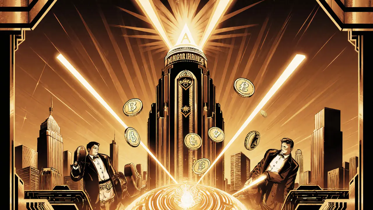 Towering Aura Finance building emitting golden reward beams over a blockchain cityscape with Art Deco architecture.