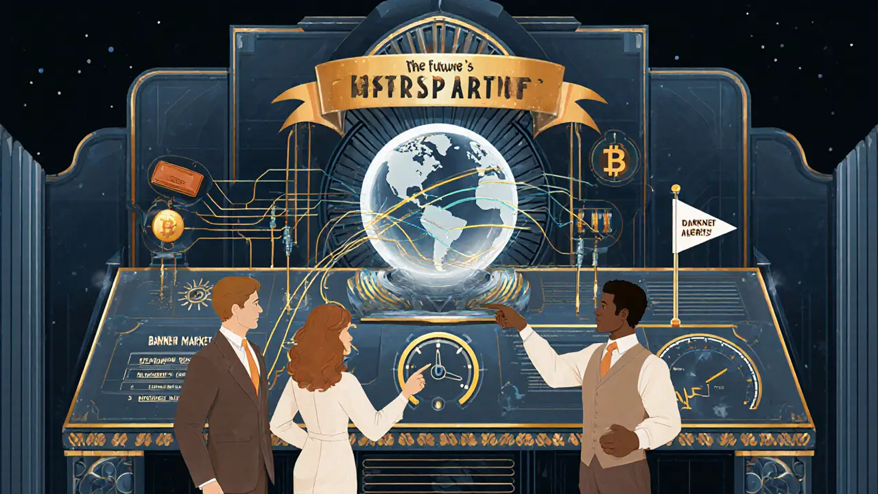 Unified dashboard console with crypto and bank flows converging into a crystal sphere, analysts monitoring alerts in Art Deco style.