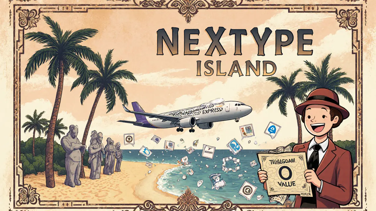 Vintage travel poster for &#039;NEXTYPE ISLAND&#039; leading to a dead end, mocking fake airdrop promises.
