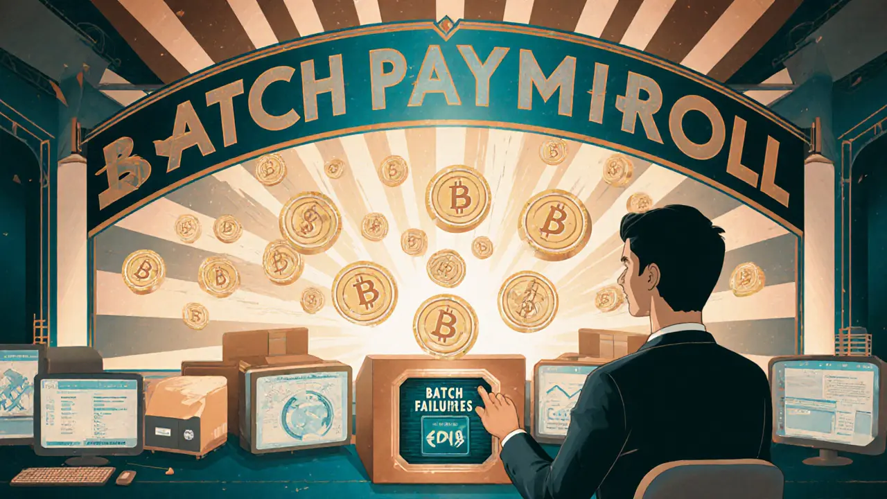 A business dashboard automates payroll with multiple tokens, Art Deco advertising aesthetic.