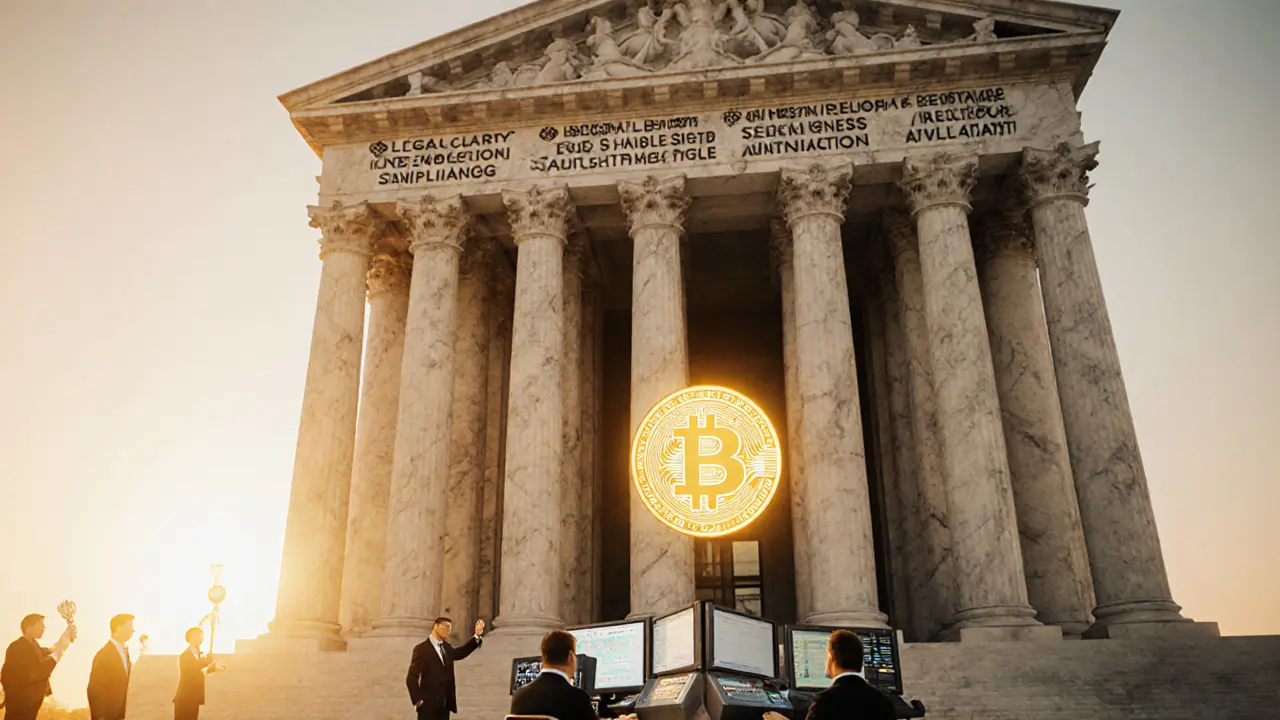 A financial temple with four pillars supporting a tokenized bond under golden light.