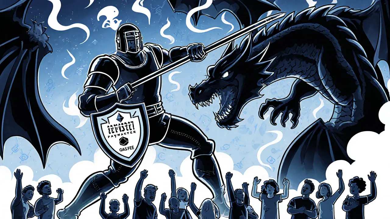 A smart contract knight defeats a gas fee dragon with ERC-4337 shield, Art Deco poster style.
