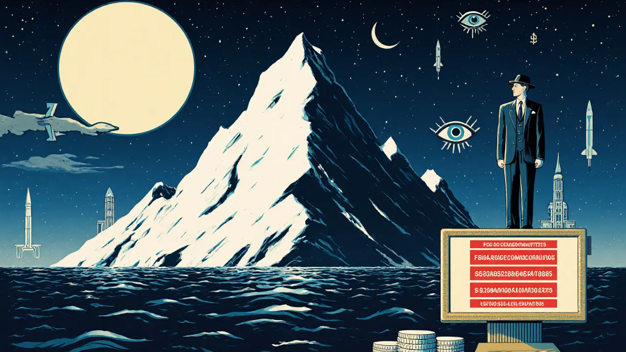 A towering Bitcoin mountain with minimal cashout, watched by an FBI agent amid surveillance motifs and missile-shaped crypto symbols.