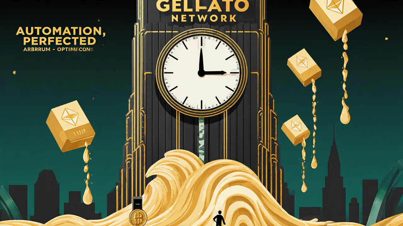 A towering Gelato clocktower channels automated transactions through Layer 2 networks with golden flow.