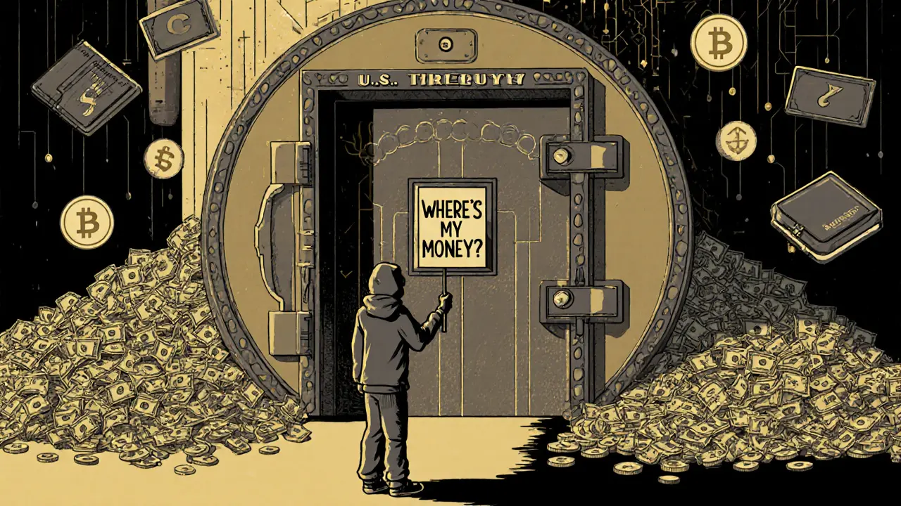 A vault overflowing with cash labeled U.S. Treasury, while a lone figure holds a sign asking where their money went.