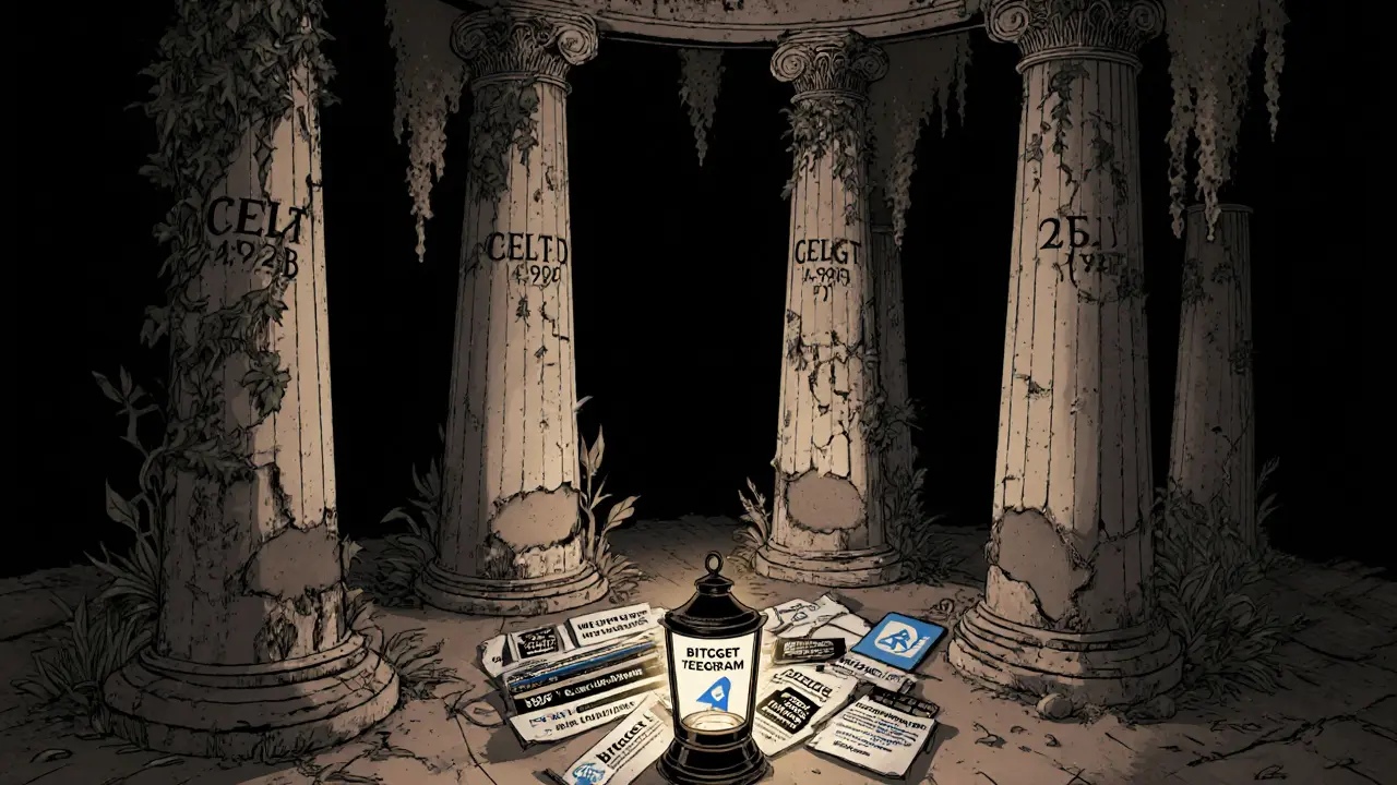 Abandoned temple with CELT token inscriptions, a lone lantern casting light on scam websites and links.