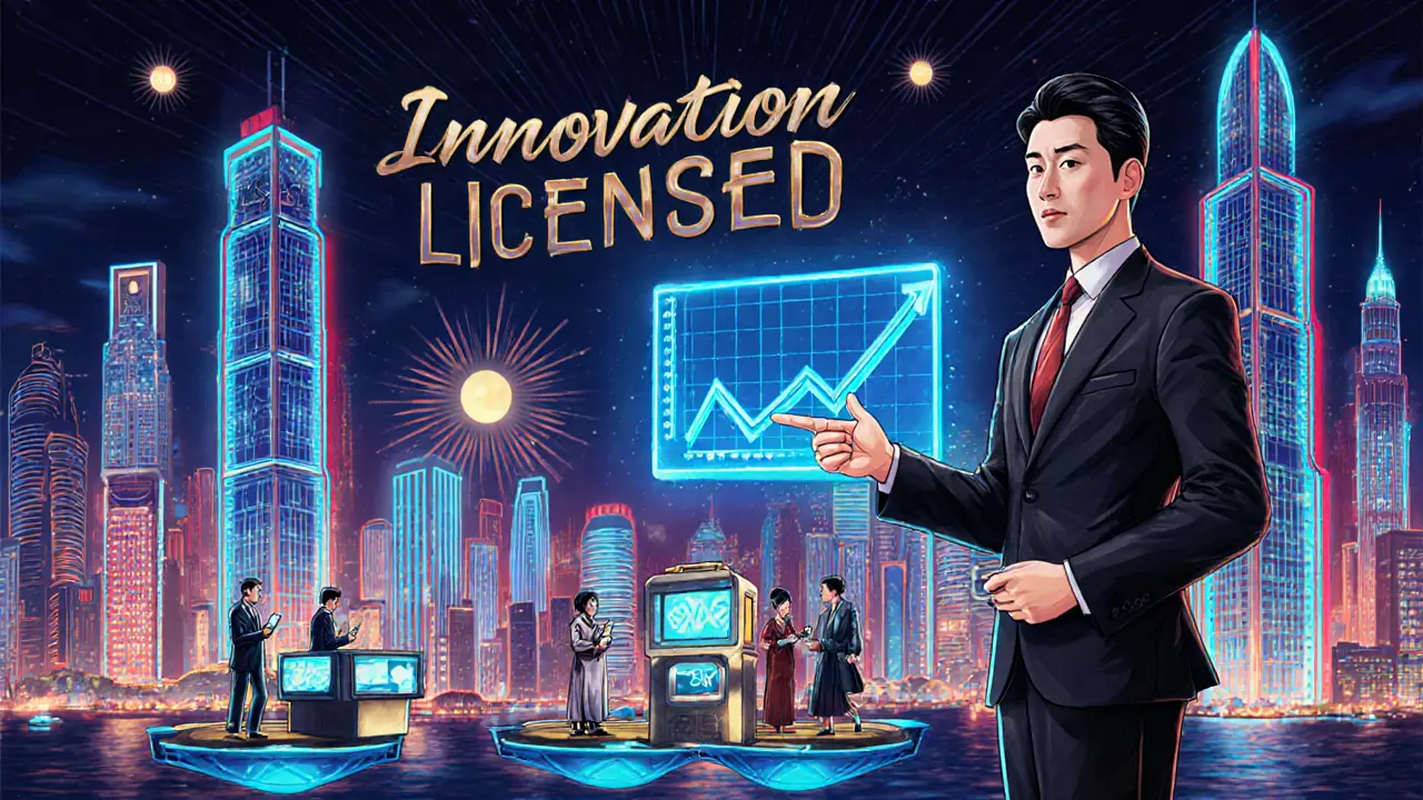 Art Deco advertising scene of Hong Kong&#039;s neon-lit crypto skyline with retail traders using smartphones on lantern-shaped kiosks.