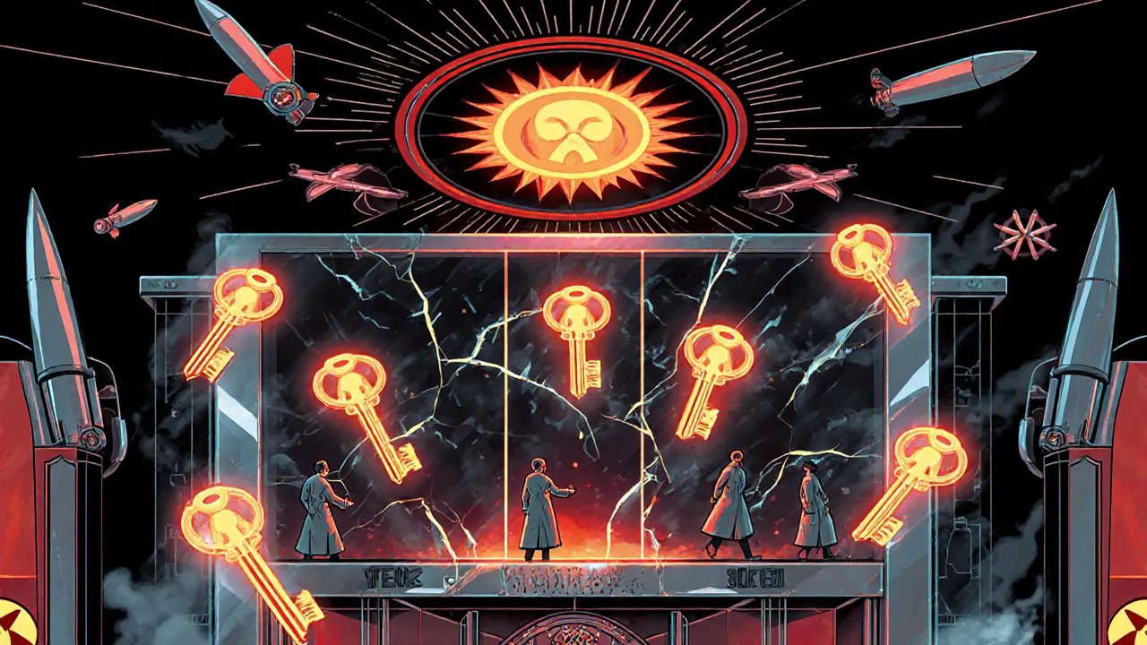 Art Deco scene of a crypto exchange with broken key shards and hacker figures slipping through, surrounded by transaction trails turning into weapons.