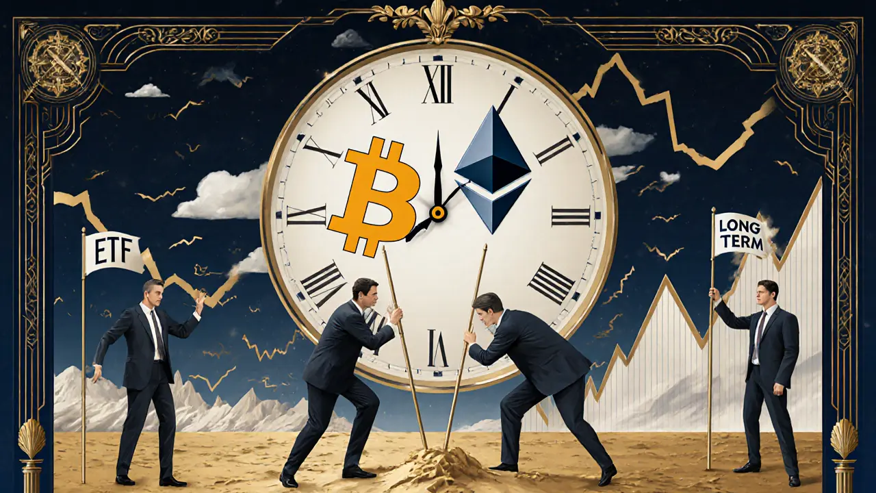 Clock with crypto symbols ticking over charts as institutional investors plant flags