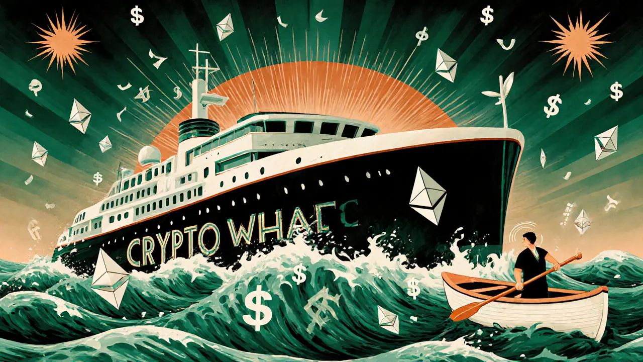 Crypto whale yacht dominating turbulent waves of falling currency symbols