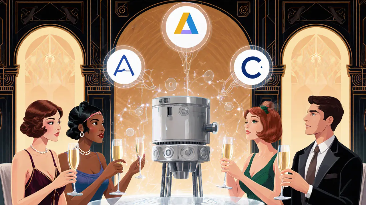 DeFi users in 1920s fashion watched over by mechanical bots managing crypto tasks on holograms.