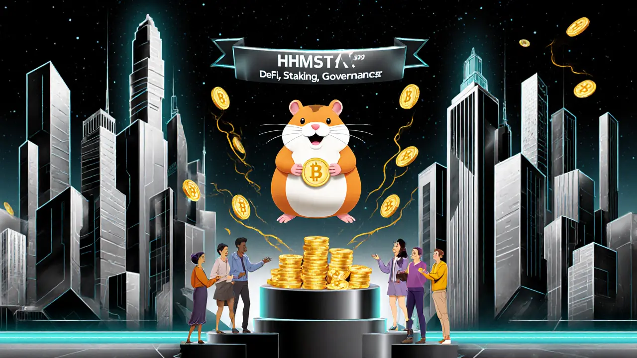 Futuristic TON city with HMSTR tokens flowing between towers as players receive tokens from a hamster mascot.