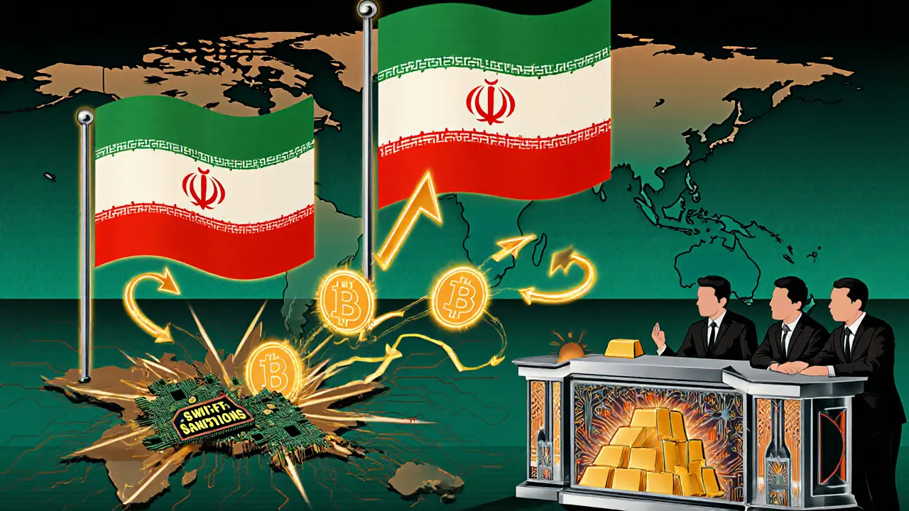 Global Bitcoin trade routes bypassing sanctions, with Iranian circuit-board flag and trading desk