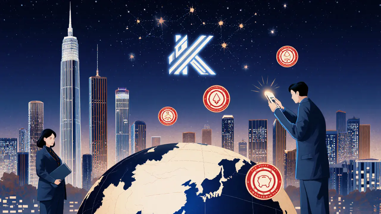 Korbit logo glowing over a Korean cityscape, citizens staking crypto via floating piggybanks, other countries dimmed in Art Deco illustration.