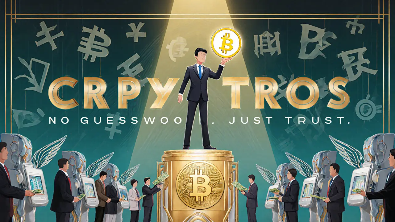 Korean trader holding Ethereum on a blockchain podium, with citizens exchanging won to robotic tellers in Art Deco style.