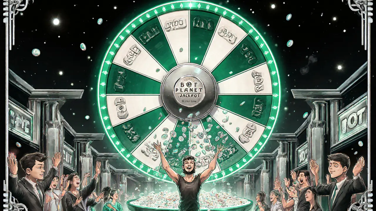 Luxury lottery wheel spinning above a crypto marketplace, showering tokens in Art Deco aesthetic.