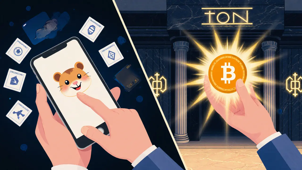 Person learning crypto through cards, transitioning into a sleek financial lobby with glowing HMSTR token.