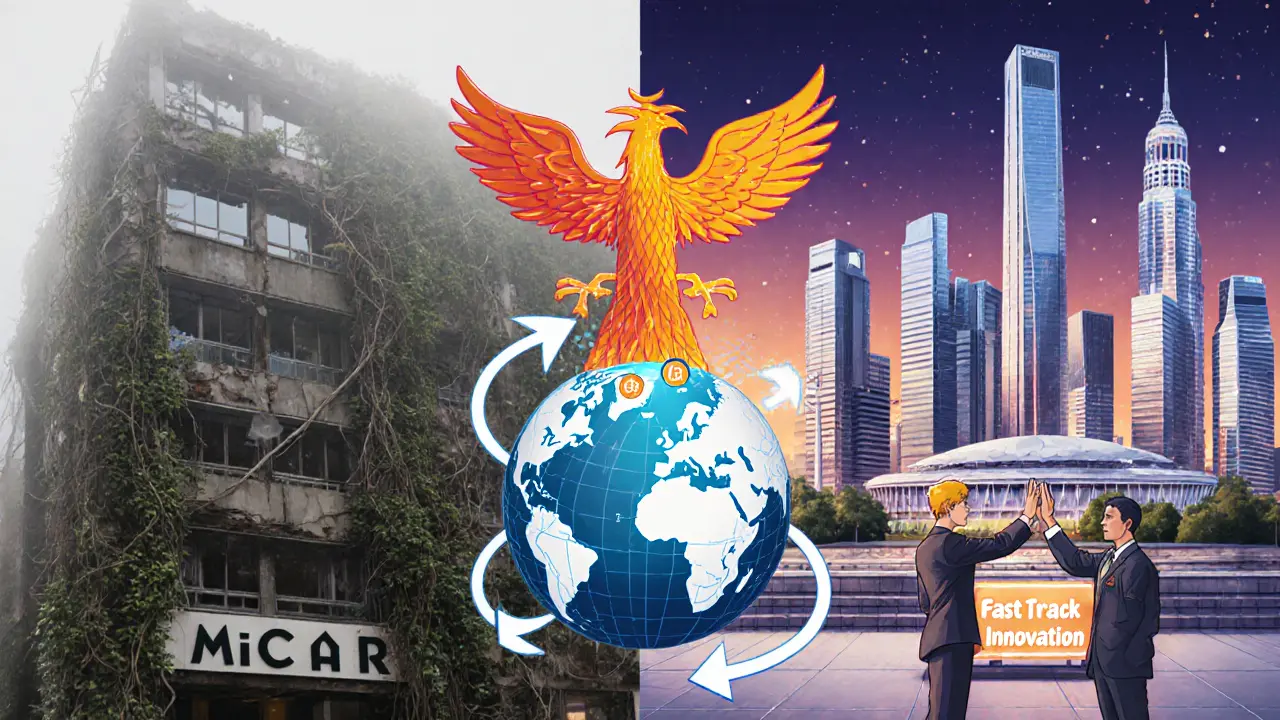 Split-panel Art Deco image contrasting Europe&#039;s stagnant MiCAR building with Singapore&#039;s thriving innovation hub and a rising crypto phoenix.
