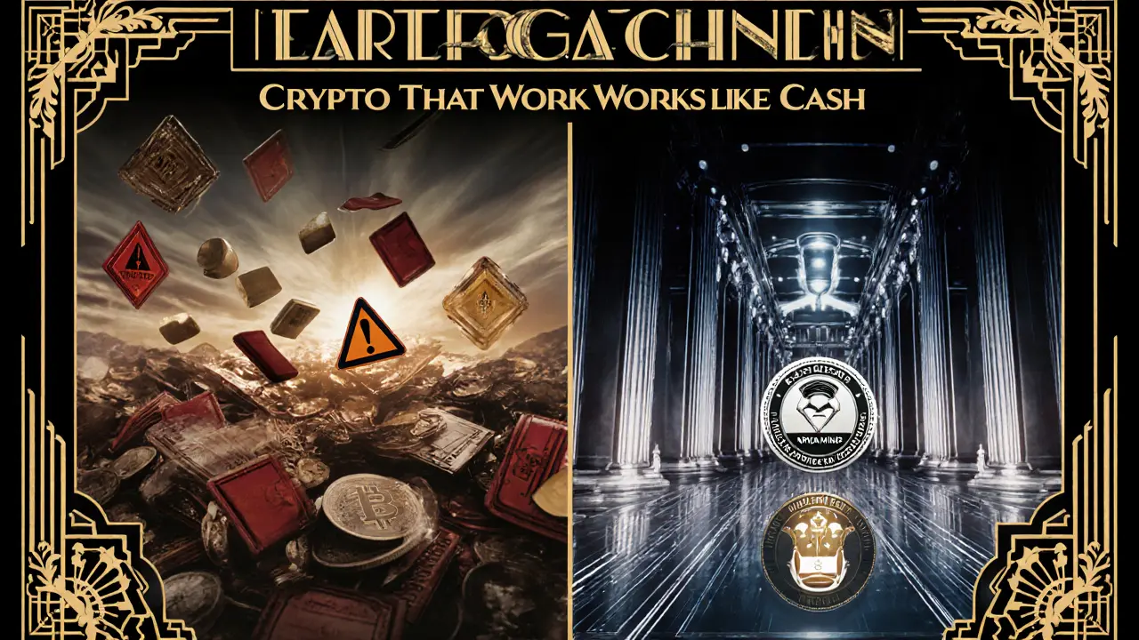 Split scene: chaotic retail crypto vs. serene institutional system with uptime badge.