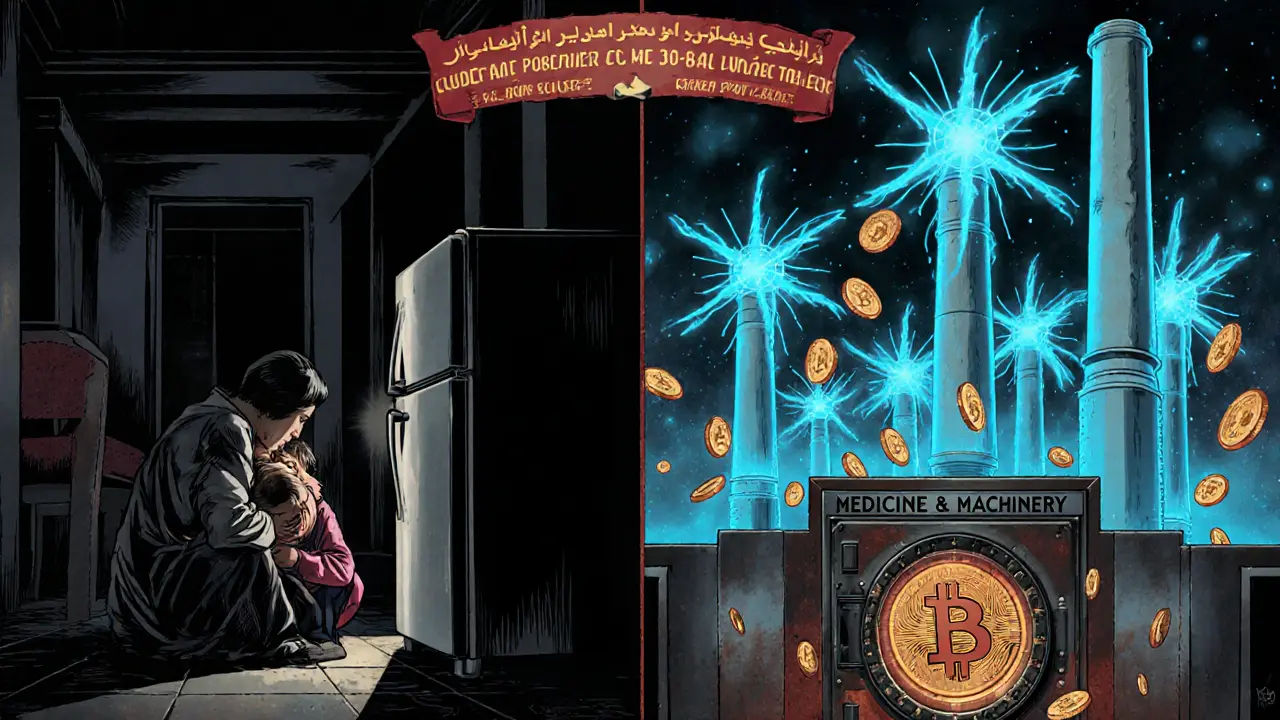 Split scene: Iranian family in blackout vs. glowing state mining farm, Art Deco advertising style