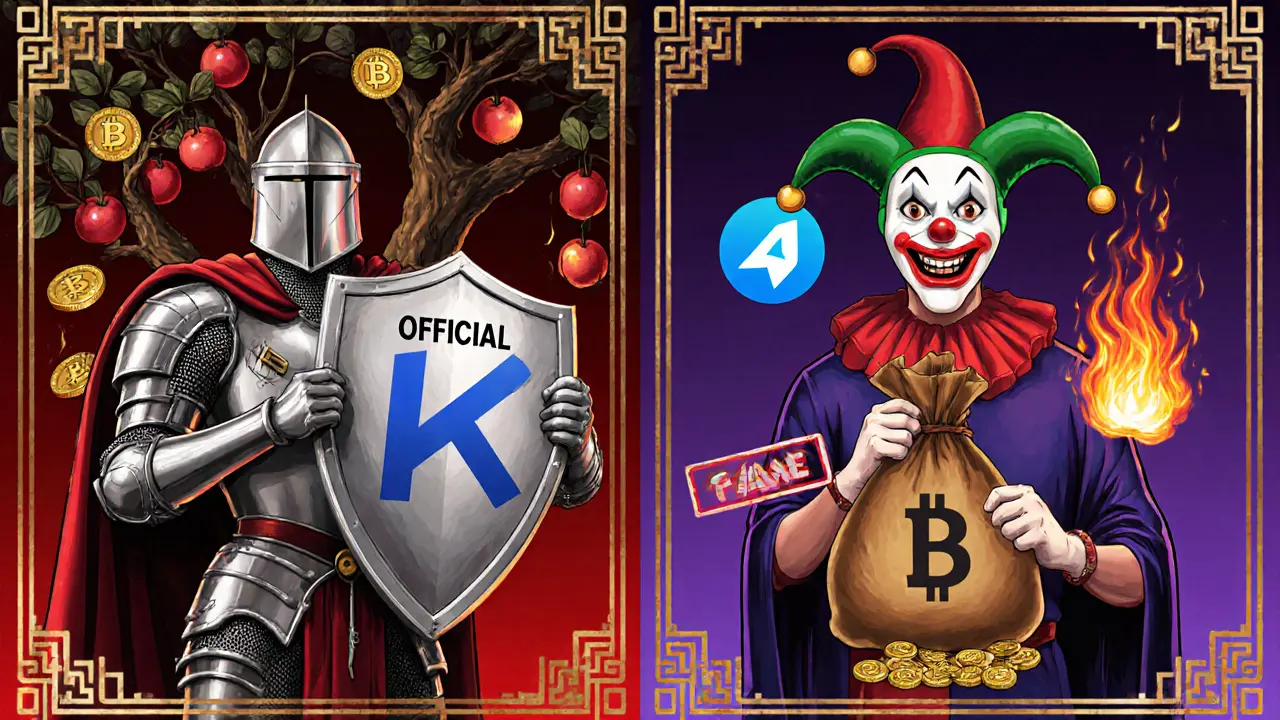 Split scene: knight with official KALA shield vs. jester stealing crypto, Art Deco style, crimson and silver.