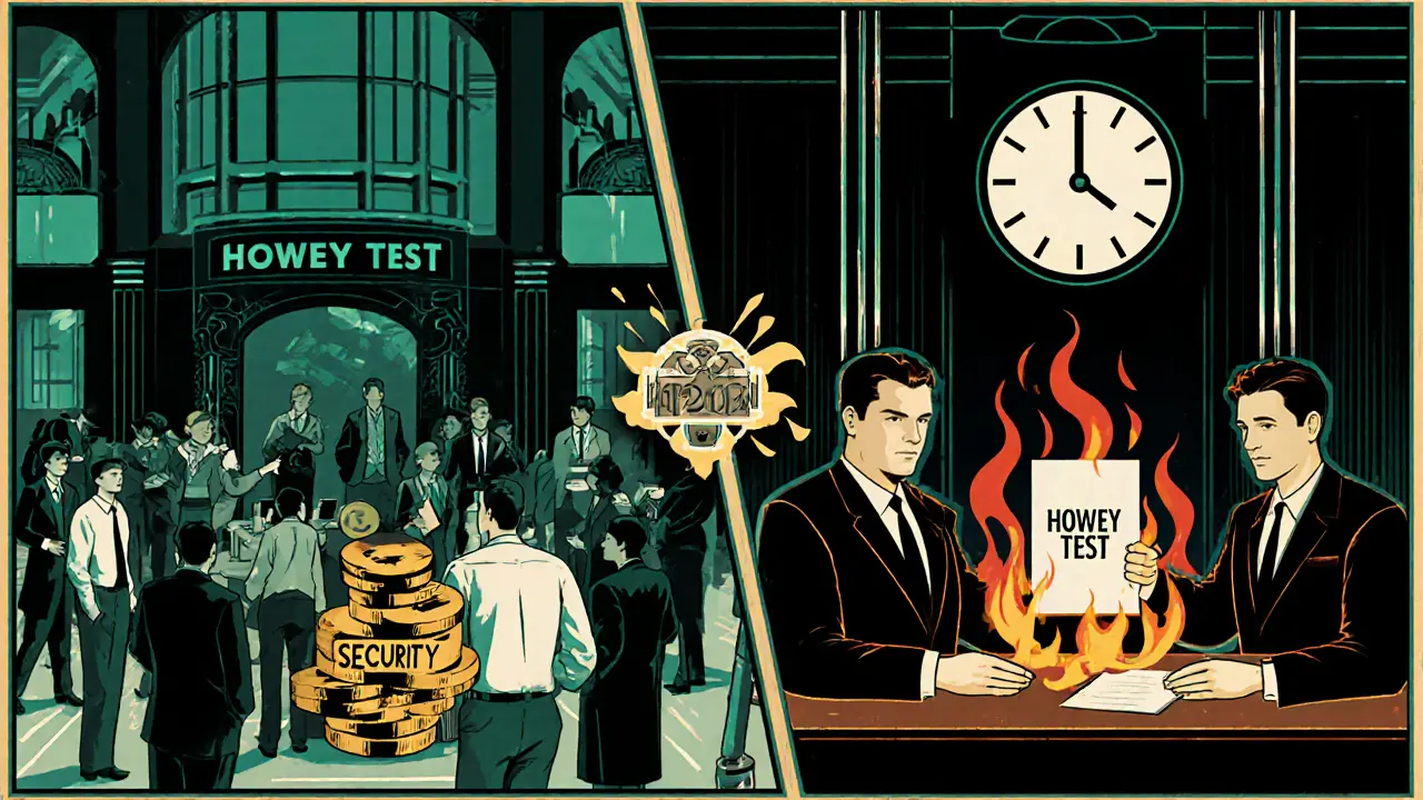 Split-screen Art Deco ad showing a stock exchange on one side and crypto executives burning documents on the other.