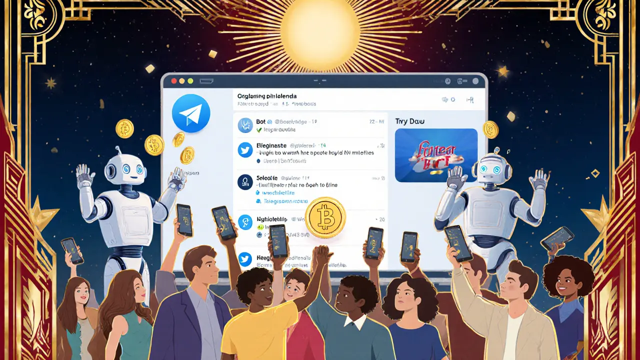 Stylized social media interface with bots distributing BOT tokens in geometric Art Deco design.