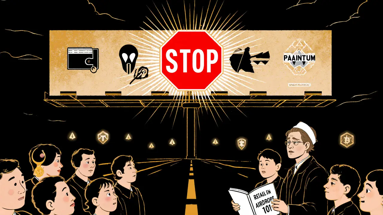 Warning billboard with STOP sign, crypto icons, and guided users, Art Deco design, red and gold tones.