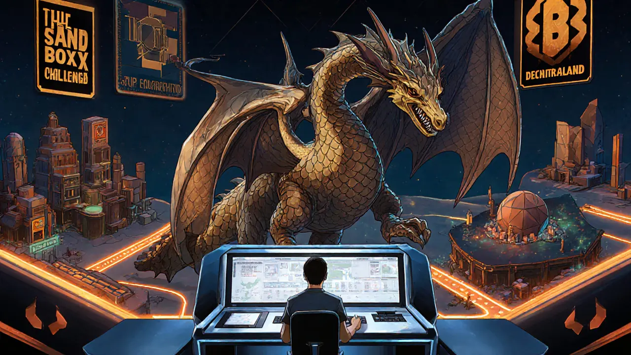 An AI-driven NFT dragon evolves as a developer monitors engagement metrics in a connected game world.