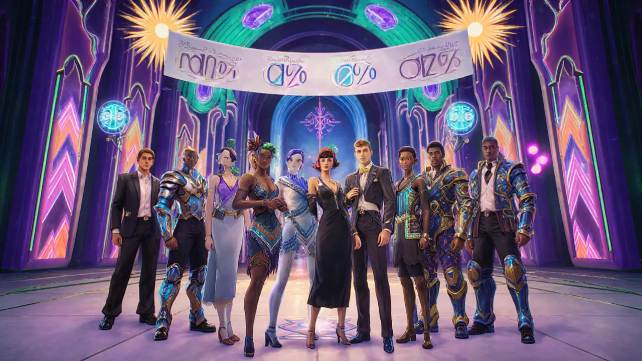 Players in 1920s fashion wear evolving NFT armor in a digital metaverse plaza with glowing symbols.