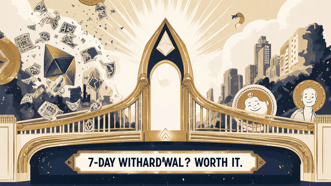 A bridge connecting chaotic Ethereum to serene Arbitrum, showing gas cost contrast with geometric Art Deco design and 7-day withdrawal banner.