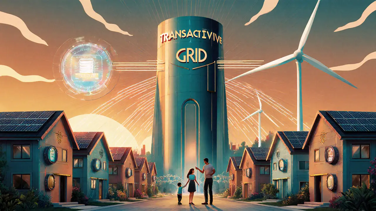 A community microgrid radiates energy waves to homes with solar panels and smart meters in Art Deco design.