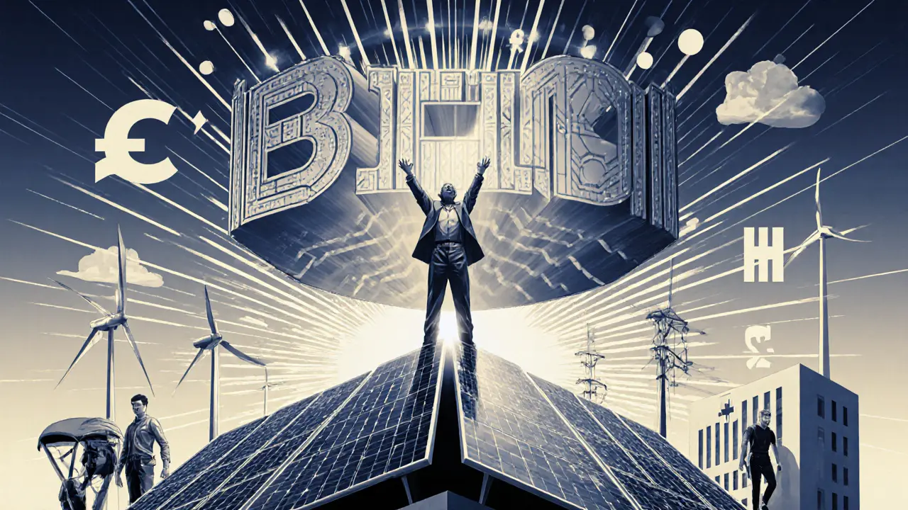 A figure channels clean energy into a floating blockchain ledger surrounded by diverse community members.