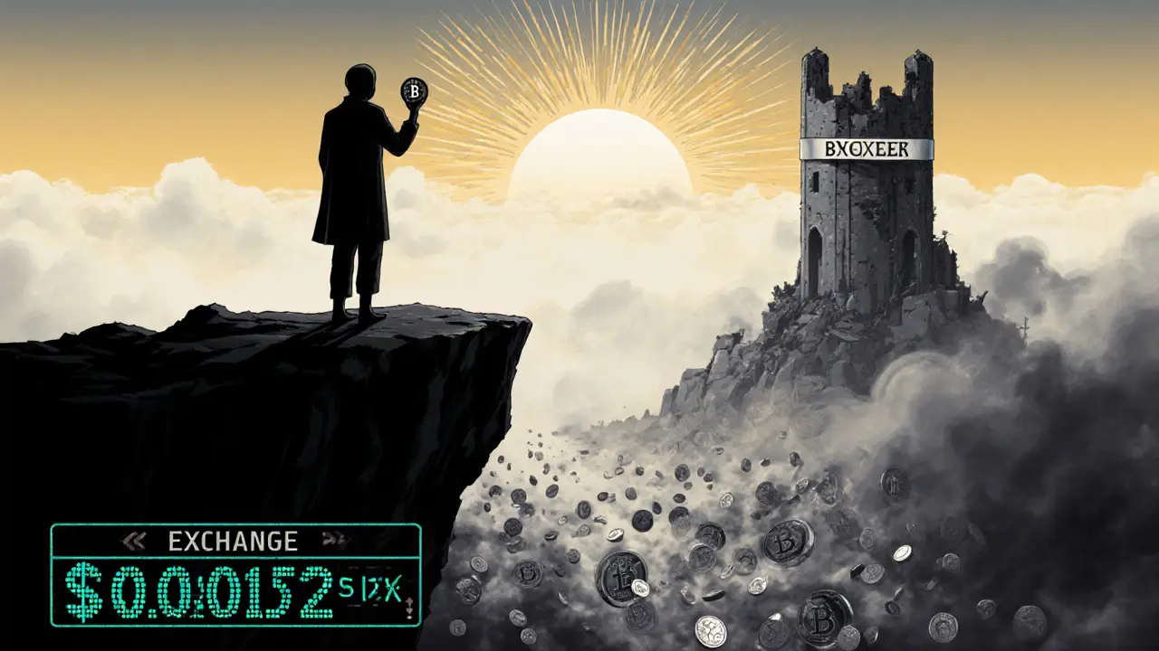 A lone figure on a cliff holding a B3X token as a crumbling tower fades into mist.