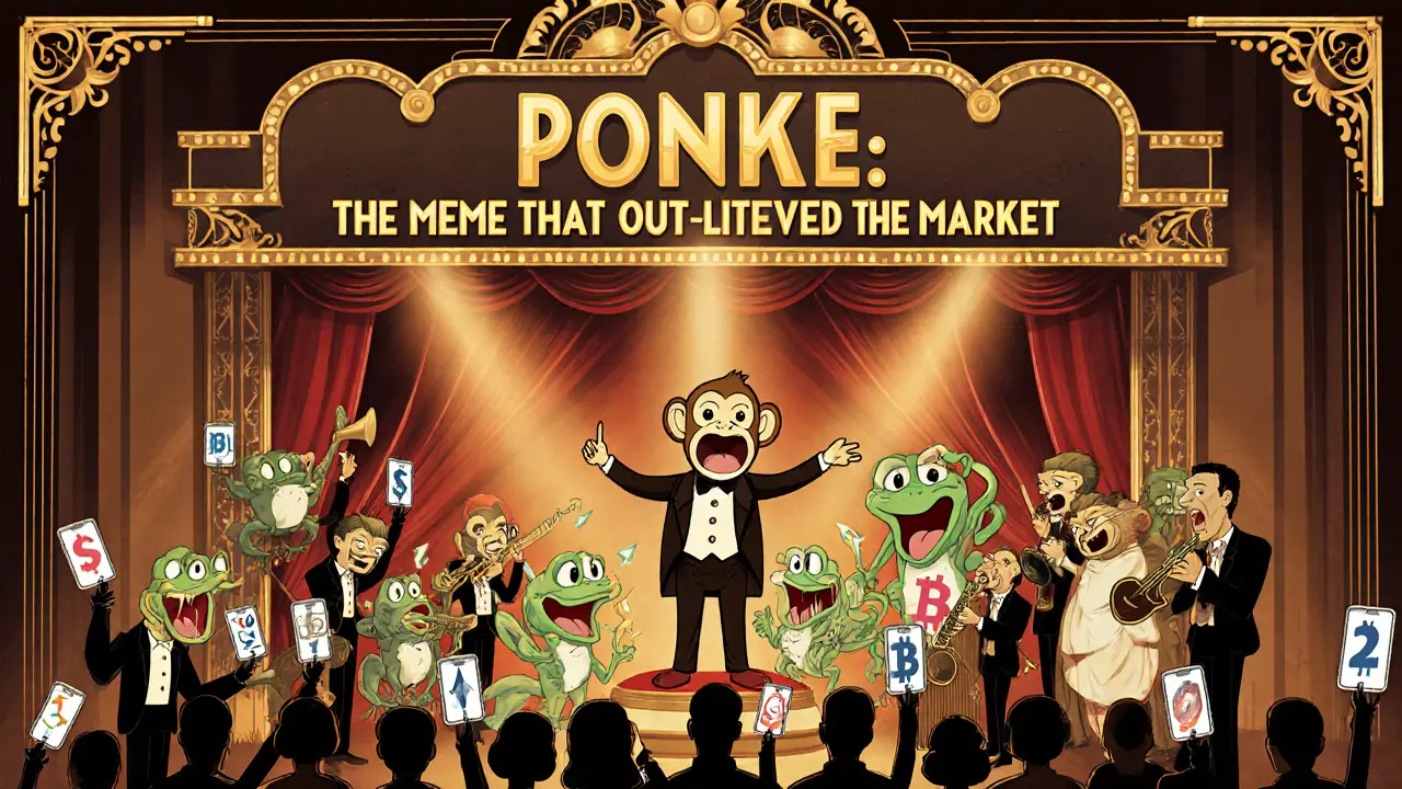 A monkey conductor leading a jazz orchestra of crypto symbols in an Art Deco theater.