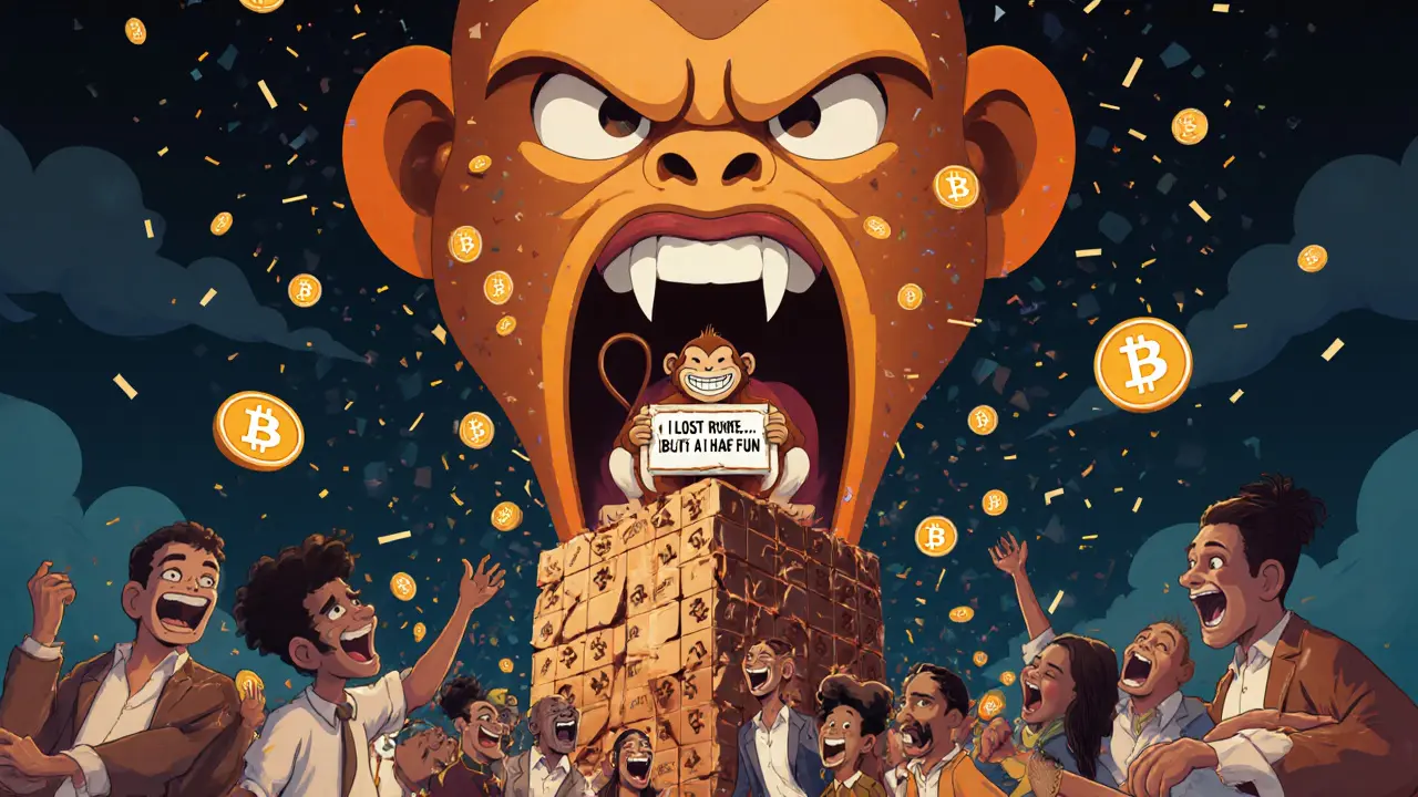 A monkey on a crumbling blockchain tower, surrounded by floating tokens and laughing crowds.