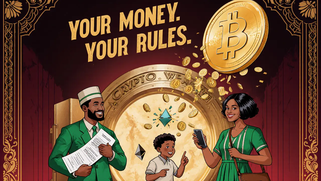 A Nigerian family celebrating crypto wealth as coins rain from a vault, with shattered CBN ban symbols in Art Deco poster style.