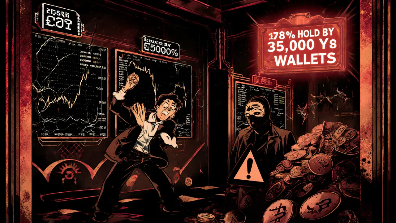 A trader trying to sell a Y8U token into nothingness, while another hoards most of the supply under a red warning sign.