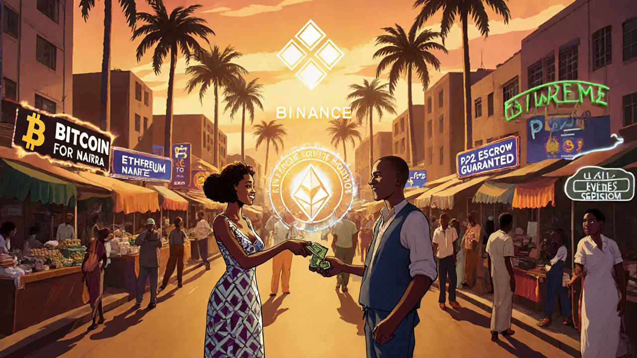 A vibrant Lagos marketplace where crypto is traded like goods, with mobile money and P2P signs in Art Deco design.