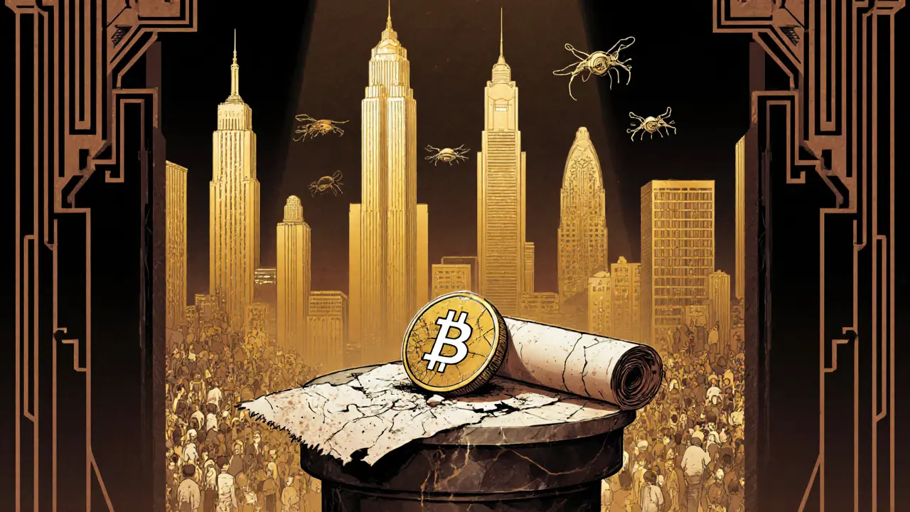 An abandoned Y8U token beside a broken contract, while rival AI projects tower above in golden skyscrapers.