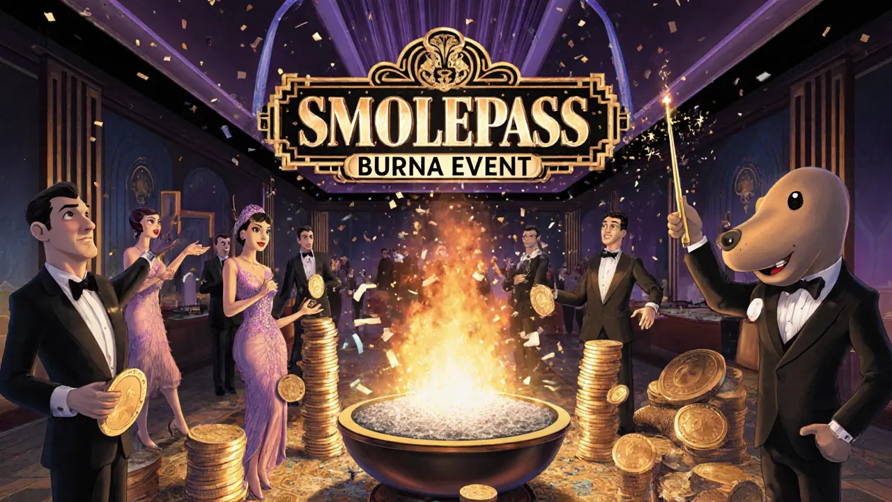 Art Deco casino scene with patrons gambling using SMOLE tokens and a burning token pit.