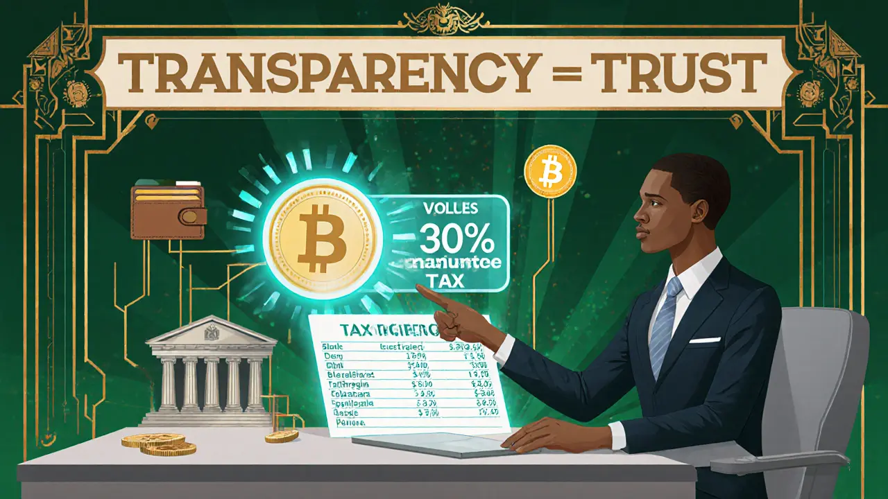 Business owner with digital crypto ledger and tax advisor in Art Deco design