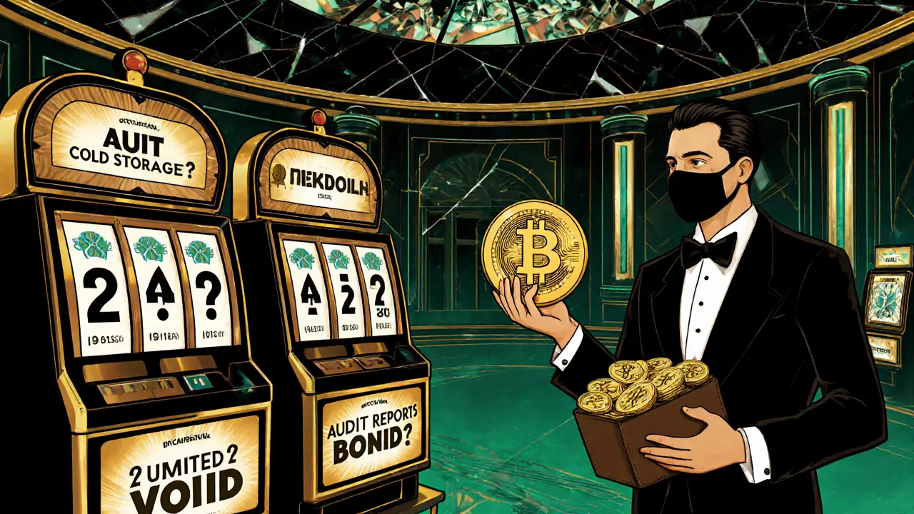 Casino hall with broken crypto security machines and a masked con artist offering a fake bonus.