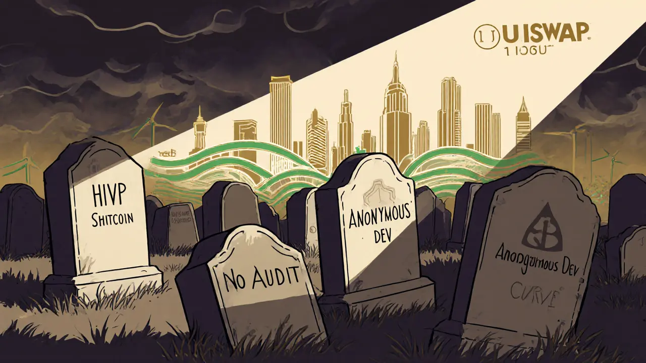 Crypto graveyard with HiveSwap tombstone under stormy skies, while a distant city of legitimate DEXs glows in the distance.