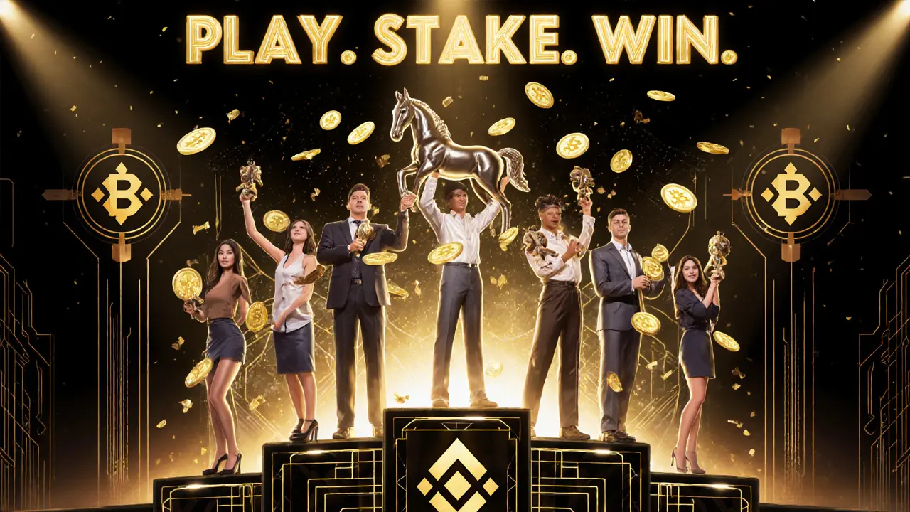 Early adopters on a digital podium as DFH tokens fall, surrounded by blockchain nodes and Art Deco typography.