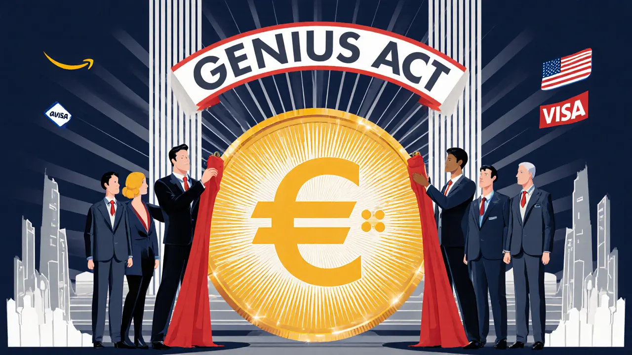 European banks unveil EURe stablecoin as U.S. companies watch from afar in Art Deco style.