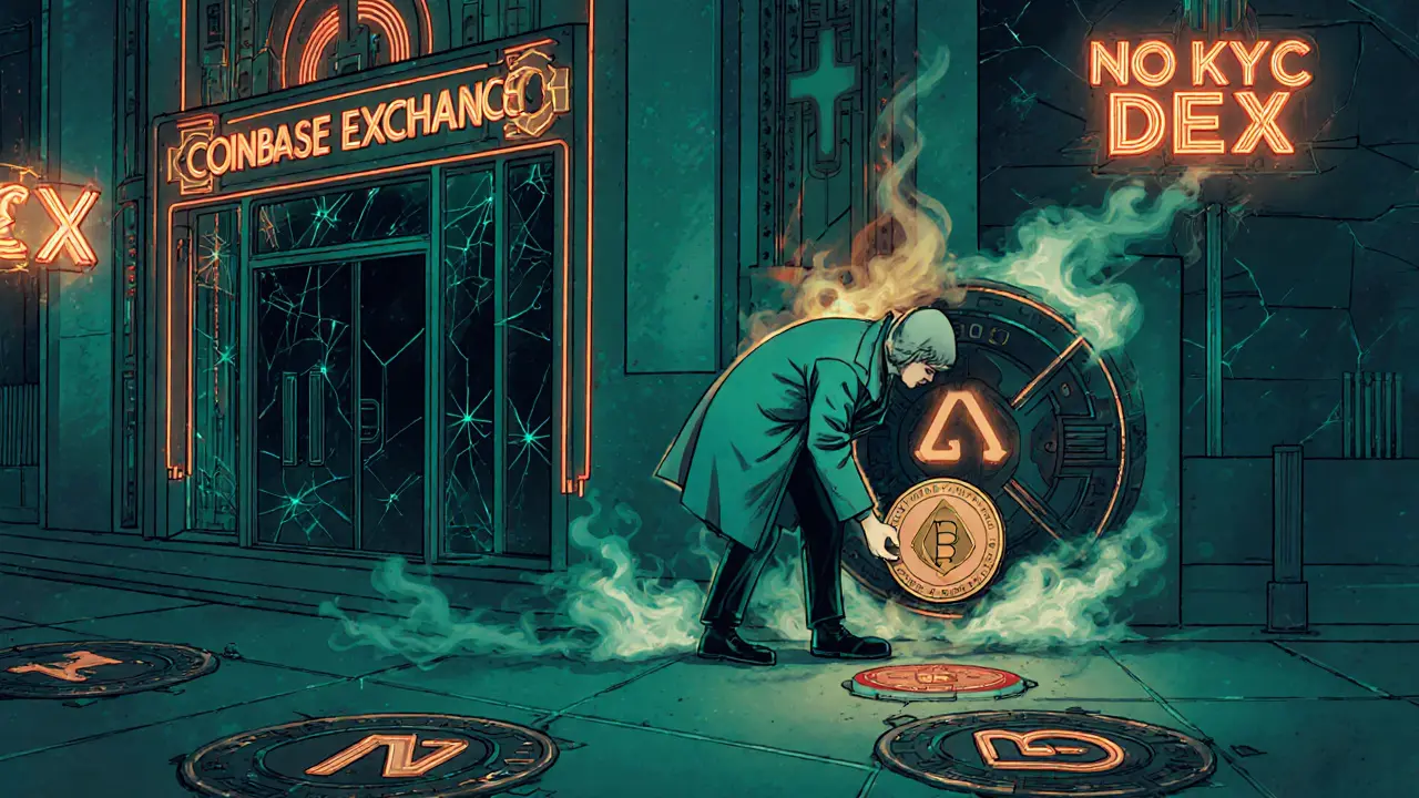 Figure slipping Monero into a hidden DEX vault beneath a delisted exchange